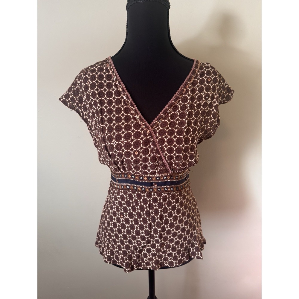 Whimsical Y2K Earthy‎ Boho Fairy Sequin Peasant Top Brown Tie Back Empire Waist